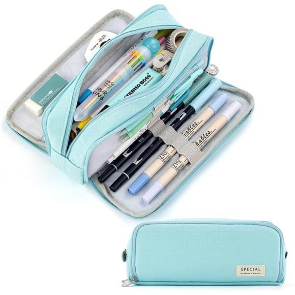 Large Capacity Pencil Case 3 Compartment Pouch Pen Bag Light Blue - Picture 1 of 6